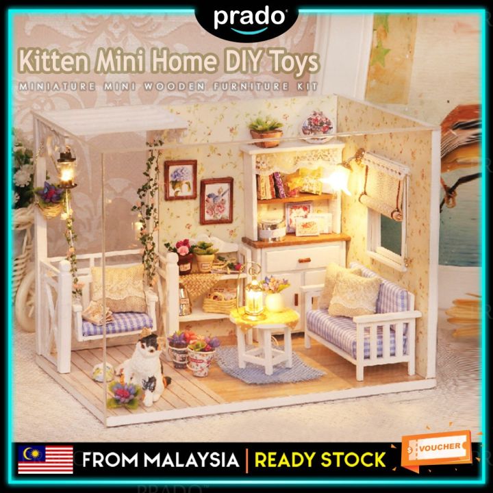 PRADO DIY Cat Kitten Dollhouse Miniature Creative Wooden