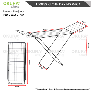 OKURA LD0152 Foldable Metal Drying Rack Clothes Rack Clothing Hanger Rak Penyidai Baju Ampaian
