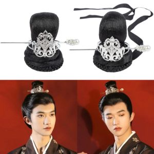 RENJE Antique Headwear Hanfu Wig for Men Chinese Style Hanfu Hairpin Ancient Style Hair Crown Hair Accessories Photo Props Fake Hair Bun