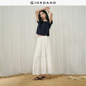 GIORDANO Women Skirts Lace Inset Lightweight Tiered Skirts Drawstring Elastic Waist Fashionable Casual Maxi Skirts 18466224