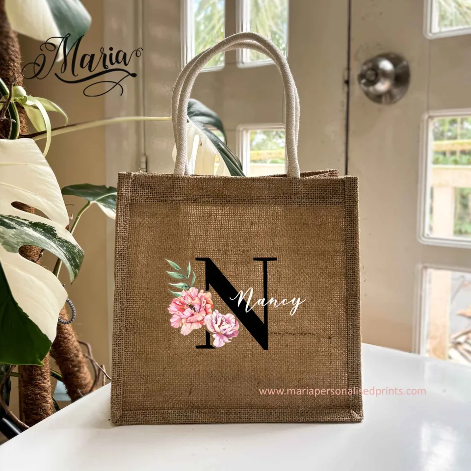 Personalized Tote Bags Burlap Floral DesignTote Bag