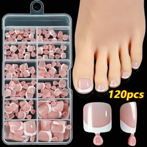 INNEED 120Pcs Press on Tip Nails Set Glossy Chic French Fake Toe Nails Luxury Full Cover Short Tip Toenail Nails Art