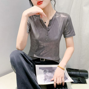 YIMEI 2024 New Spring/Summer Round Neck Fashion Gold Plated Gray Top Slim Fit Button V-neck Short Sleeve Womens T-shirt Trend