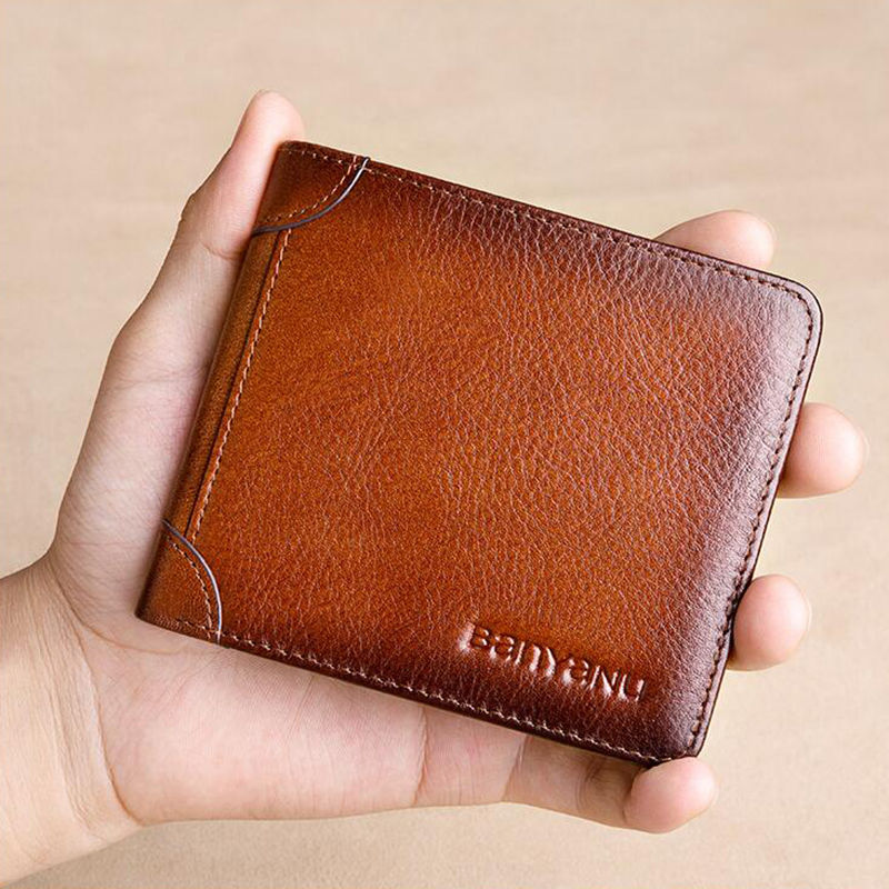 BANYANU Vintage Style Genuine Cow Leather Credit Card Holder Three Folding RFID Protective Wallet For Men. 