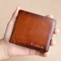 BANYANU Vintage Style Genuine Cow Leather Credit Card Holder Three Folding RFID Protective Wallet For Men. 