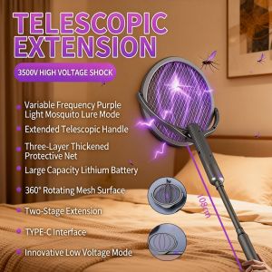 KONKA Foldable Retractable Electric Mosquito Swatter 360° Rotating With Ultraviolet Light Automatic Mosquito Killing Lamp Large Mesh Surface Type-C Rechargeable Long battery电蚊拍