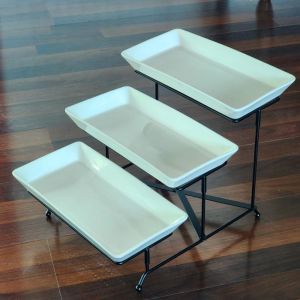 AKZDXE Food Display 3 Tier Serving Stand Display Cake Party Entertaining Dessert Dish Display Stand Sturdy with 3 Porcelain Serving Platters Rectangular Serving Tray Set Party