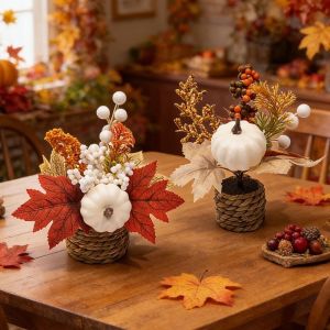 SLIGHTDELVE Sunflower Fall Tabletop Decor Velvet Pumpkin Maple Leaf Artificial Flowers Pot Plants Mini Size Pumpkin Centerpiece Halloween