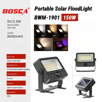 BOSCA 150W 300W Portable Solar FloodLight 5 Lighting Mode 3 Color Dimming Flood Light Warning Light Power Bank BWM-1901 BWM-1902