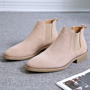 QBELY Basic Sand Color Men Suede Chelsea Boots Natural Leather Zip Pointed Toe Formal Ankle Boots Size 36-44