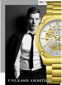 ผู้ชนะนาฬิกาแบรนด์ชั้นนํานาฬิกาอัตโนมัติผู้ชาย Gold Hollow Skeleton นาฬิกาข้อมือหนังนาฬิกาธุรกิจชายนาฬิกาไขลาน Dropship