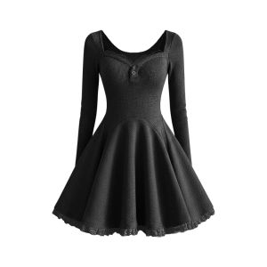 มินิเดรส แขนยาว คอสี่เหลี่ยม ผ้า Rib กระดุมจริง ลูกไม้ที่คอ กระโปรงทรงเอ สีเทา/ดำ พร้อมส่ง #9400