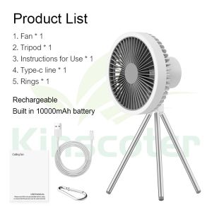 10000mAh USB Chargeable Desk Tripod Stand Air Cooling Fan with Night Ring Light Outdoor Camping Ceiling Fan