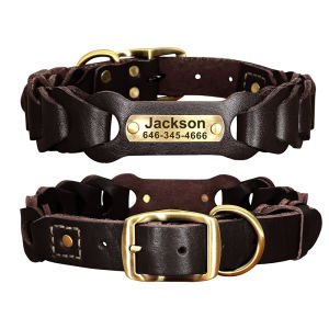 Custom Genuine Leather Dog Collar Accessories Soft Personalized ID Tag Nameplate Pet Collars For Medium Large Dogs Pitbull Perro