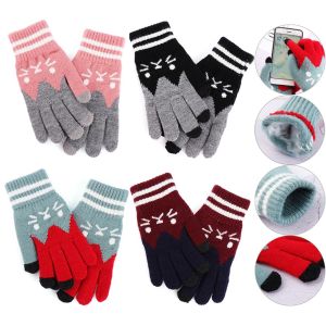 1คู่ถุงมืออุ่นผู้หญิงแมวพิมพ์หน้าจอสัมผัสถุงมืออบอุ่นในฤดูหนาวยืดถักFullถุงมือแบบเปิดครึ่งนิ้ว