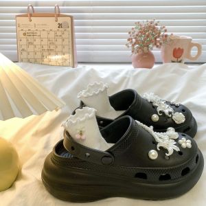 [Free Shipping] White Pearl Platform Clogs For Women 2026 New Spring/Summer Beach Sandals Non-Slip Closed-Toe Half Slippers