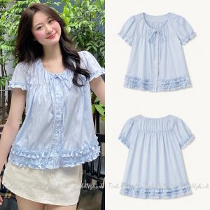 Áo kiểu nữ mùa hè form babydoll chất Gió Lụa tay ngắn phối viền bèo chun ngực cúc dọc cổ thắt nơ
