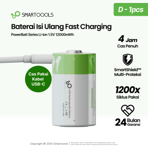 Baterai Cas Isi Ulang Smartoools PowerBatt Ukuran D Voltase 1.5V dengan port Type-C USB Rechargeable Lithium Ion Battery Charge Isi Ulang 1200 Kali