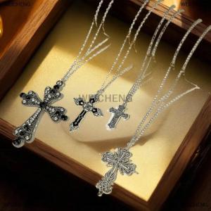 [COD] WEICHENG Gothic Hollow Out Diamond Studded Cross Pendant Necklace Set Y2K Personalized Thorn Love Black Bead Stacked Necklace Set