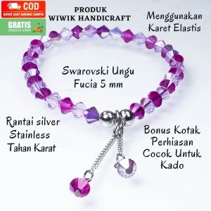 Gelang Tangan Wanita Swarovski / Gelang Swaroski Original Kristal Merah Siam 6mm Rangkai Karet dan Stainless Tahan Karat Kado Hadiah Terbaru