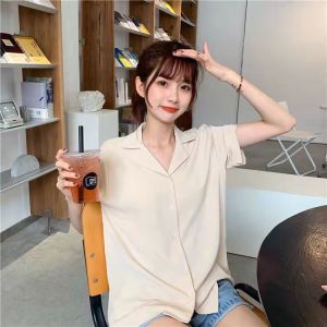 Vintage Turn Down Collar Blouse for Women Plain Chiffon Short Sleeve COD