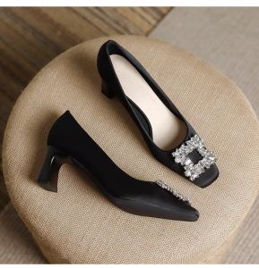 Black Rhinestone Heels  2 inches Block Heels Square Toe for Women shoes Work/Party Formal Shoes