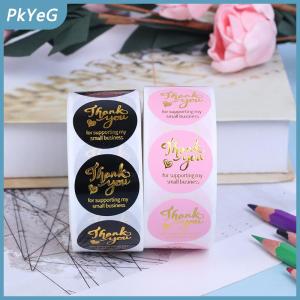 PkYeG 500Pcs Cảm ơn bạn Sticker trang trí đám cưới con dấu dập nóng màu hồng đen Nhãn Tròn