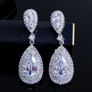 SEQUITO High Quality Ladies Jewelry Silver Color Full Micro Pave AAA Cubic Zircon Setting Blue Waterdrop Cut Stone Long Drop Earrings Anniversary Gift SE812
