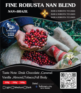 เมล็ดกาแฟคั่วกลาง กาแฟไร่ดอยน่าน Fine Robusta Blend (Arabica + Robusta) Medium Roast คั่วกลาง
