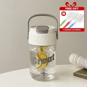 【Free Brush】600ML Cute Straw Large Capacity Plastic Water Cup With Tea Strainer Water Bottle With Straw Water Bottle With Handle earphea