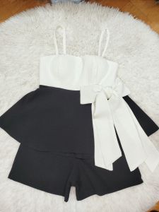 [MÃ LAZADAFAHB01 - GIẢM 30K ĐƠN 100K] Sét áo cúp ngực 2 dây phối bèo đen nơ trắng  quần đùi đen. Sét đẹp đi chơi