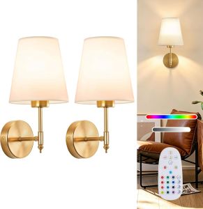 2Pcs Wireless Wall Sconces Rechargeable Battery Operated Wall Lights with Remote Control Fabric Shade Dimmable RGB LED Lamp for Bedroom Living Room Hallway Decor