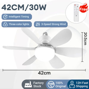 JUMBO Ceiling Light Fan E27 Socket LED Remote Control 3-Speed Wind 3-Color Light 6 Blades 2-in-1 for Living Room Bedroom Bathroom Kitchen 42CM/52CM
