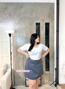 MT206 กางเกงกระโปรงลายริ้ว เอวสูงสม๊อคหลัง  ผ้านาโนนำเข้าเนื้อดี