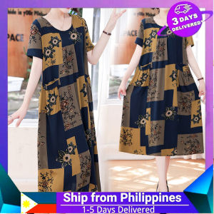 Ice Silk Print Dresses for Women Retro Plus Size Dress Double Pocket Long Skirt