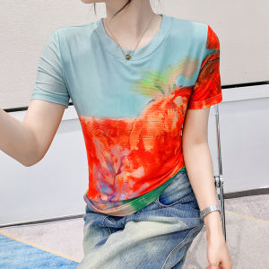 Yimei khí chất cổ tròn tay ngắn co dãn ngoại cỡ áo lưới mùa hè sản phẩm mới đẹp áo phông in hình cộng với kích thước cho 2025