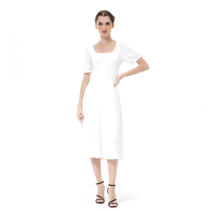 Hamlin Rachel Long Dress Wanita Lengan Pendek Motif Polos Material Cotton ORIGINAL - White