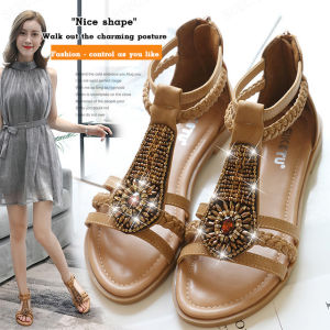 Lonice Store Musim Panas Baru Wanita Bohemian Sandal Zip Manik Berlian Flat Roman