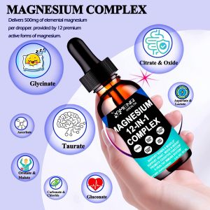 Magnesium 12 in 1 Complex Liquid Drops Magnesium Supplement w. Glycinate Citrate Malate Taurate Oxide Aspartate Orotate Calm Magnesium for Sleep Muscle Heart Support ... Max Absorption Liquid Formula