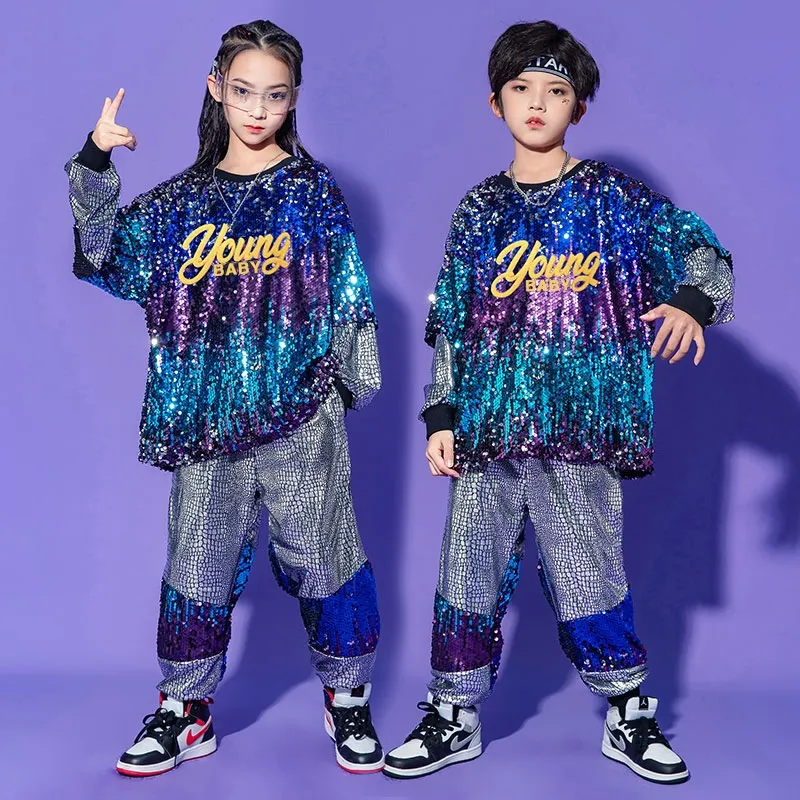 New Modern Jazz Dance Clothes Girls Navel Yellow Tops Blue Hip Hop Pants  Kids Street Dance Costume Fashion Hip Hop Suit size 130cm Color  Vest-Tops-Pants 3pcs