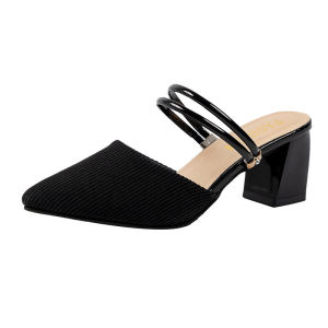 Free Shipping Pointed Toe Closed-Toe Mid-Heel Chunky-Heel Mules WomenS Summer New Style Breathable Fabric Outdoor Sandals