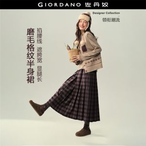 Giordano Women Brushed tartan elastic waist pleated maxi skirt Free Shipping 18466826