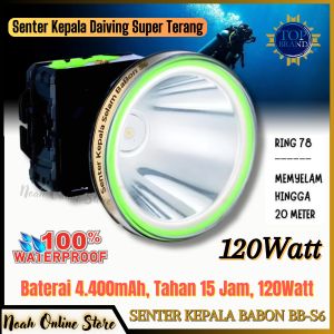 Senter Kepala Selam Babon BB-S6 | Headlamp Diving Cahaya Putih Super Terang Baterai 4400mAh Tahan 15 Jam Waterproof | Headlamp 120Watt Super Terang Tahan Lama | Senter Kepala Anti Air ~ Nos