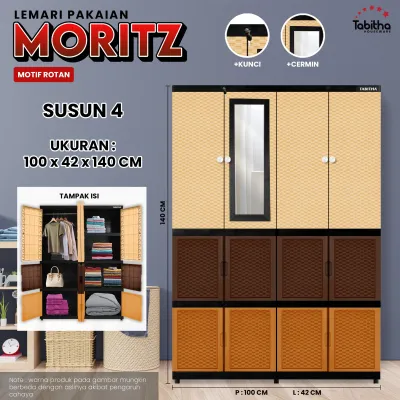 LEMARI PAKAIAN PLASTIK TABITHA 4 PINTU MORITZ GANTUNGAN CERMIN KUNCI [TABBOX]