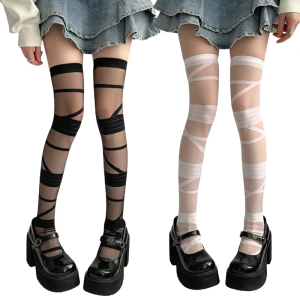 Women Gothic Punk JK Girl Sweet Thin Thigh High Socks Crisscross Bandage Pattern Silk Over Knee Long Stockings Hosiery
