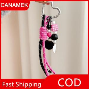 【CANAMEK】 Dễ thương bện dây thừng tình yêu đính cườm Fluffy bóng Keychain Mặt dây chuyền Ba lô quyến rũ điện thoại chuỗi Túi treo Cô Gái Tự Làm Tình yêu khóa Keyring Quà Tặng