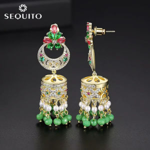 SEQUITO Elegant Long Tassel Bohemian Jewelry Inlay Cubic Zirconia Gold Plated Retro Bell Drop Dangle Earrings Dress Accessories SE287