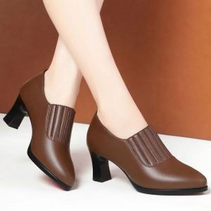 Free Shipping Chunky-Heeled Pointed-Toe Leather Shoes Fashionable And Slip-Resistant WomenS Spring New Collection Suitable For Work And Everyday Wear