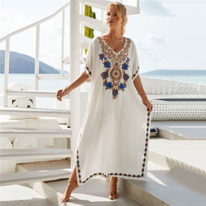 DN0960 Oversize White Cover Ups Embroidery V-neck Maxi Dress For Summer Short Sleever Holiday Kaftan Bathing Suit