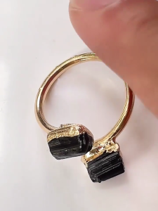 Gold Plated Resizable Irregular Shape Natural Black Tourmaline Stone Finger Ring For Party Wedding